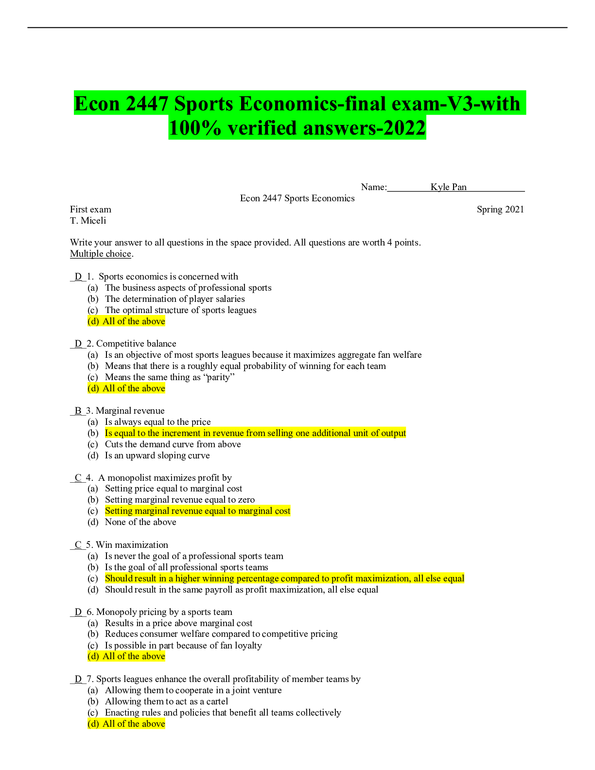 Econ 2447 Sports Economics-final exam-V3-with 100% verified answers